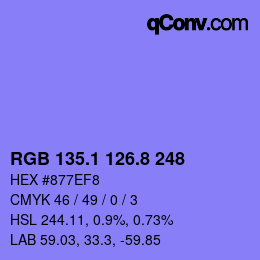 カラーコード: RGB 135.1 126.8 248 | qconv.com