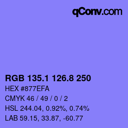 カラーコード: RGB 135.1 126.8 250 | qconv.com