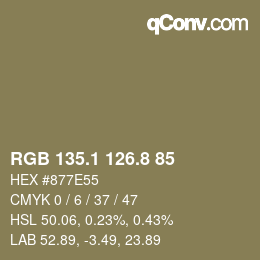 Color code: RGB 135.1 126.8 85 | qconv.com