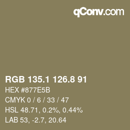 Color code: RGB 135.1 126.8 91 | qconv.com