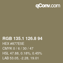 Color code: RGB 135.1 126.8 94 | qconv.com