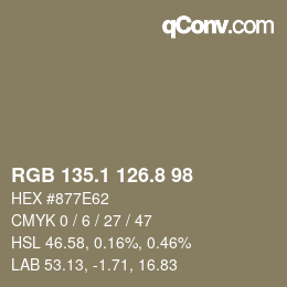 カラーコード: RGB 135.1 126.8 98 | qconv.com
