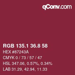 カラーコード: RGB 135.1 36.8 58 | qconv.com