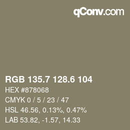 カラーコード: RGB 135.7 128.6 104 | qconv.com
