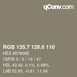 カラーコード: RGB 135.7 128.6 110 | qconv.com