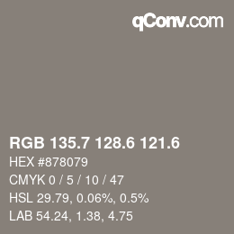 カラーコード: RGB 135.7 128.6 121.6 | qconv.com