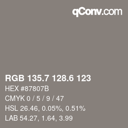 カラーコード: RGB 135.7 128.6 123 | qconv.com