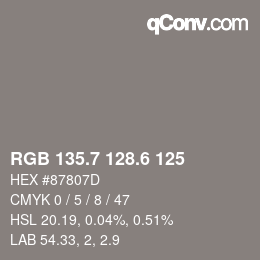 カラーコード: RGB 135.7 128.6 125 | qconv.com