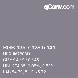 カラーコード: RGB 135.7 128.6 141 | qconv.com