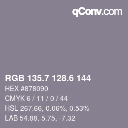 カラーコード: RGB 135.7 128.6 144 | qconv.com