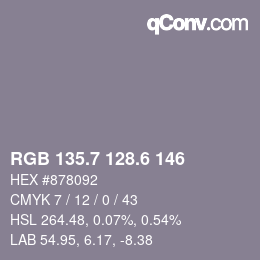 カラーコード: RGB 135.7 128.6 146 | qconv.com
