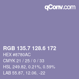 カラーコード: RGB 135.7 128.6 172 | qconv.com