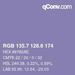 カラーコード: RGB 135.7 128.6 174 | qconv.com