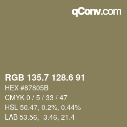 カラーコード: RGB 135.7 128.6 91 | qconv.com