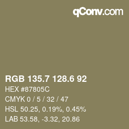 カラーコード: RGB 135.7 128.6 92 | qconv.com