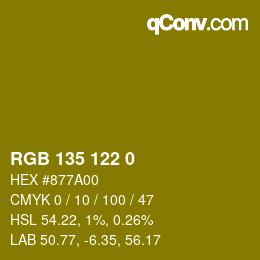 カラーコード: RGB 135 122 0 | qconv.com