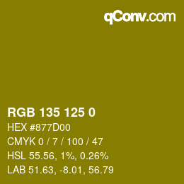 颜色代码: RGB 135 125 0 | qconv.com