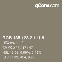 カラーコード: RGB 135 128.2 111.6 | qconv.com