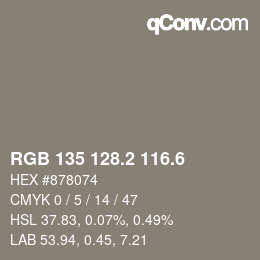 カラーコード: RGB 135 128.2 116.6 | qconv.com