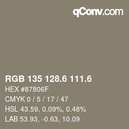 カラーコード: RGB 135 128.6 111.6 | qconv.com