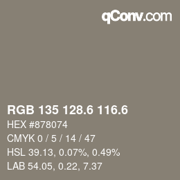 カラーコード: RGB 135 128.6 116.6 | qconv.com