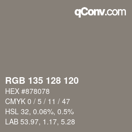 颜色代码: RGB 135 128 120 | qconv.com
