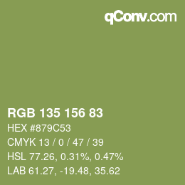 Color code: RGB 135 156 83 | qconv.com