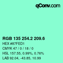 カラーコード: RGB 135 254.2 209.6 | qconv.com