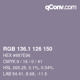 カラーコード: RGB 136.1 126 150 | qconv.com