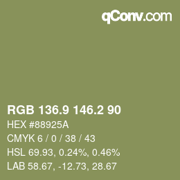 カラーコード: RGB 136.9 146.2 90 | qconv.com
