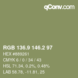 Color code: RGB 136.9 146.2 97 | qconv.com