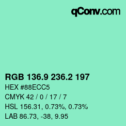カラーコード: RGB 136.9 236.2 197 | qconv.com