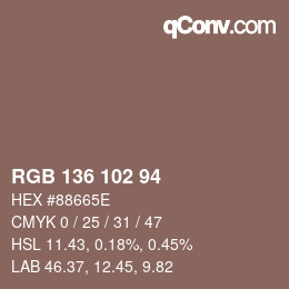 カラーコード: RGB 136 102 94 | qconv.com