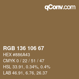 Color code: RGB 136 106 67 | qconv.com