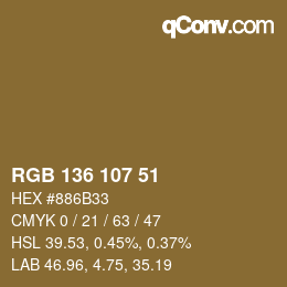 Color code: RGB 136 107 51 | qconv.com