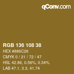 Color code: RGB 136 108 38 | qconv.com