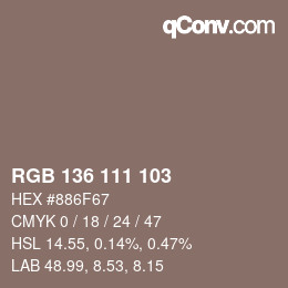 Color code: RGB 136 111 103 | qconv.com