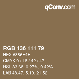 Color code: RGB 136 111 79 | qconv.com
