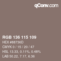 Color code: RGB 136 115 109 | qconv.com