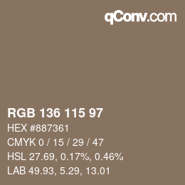 カラーコード: RGB 136 115 97 | qconv.com
