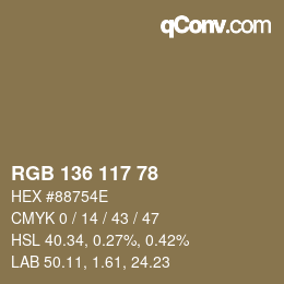 Color code: RGB 136 117 78 | qconv.com
