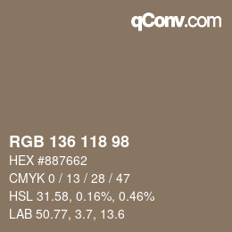 Color code: RGB 136 118 98 | qconv.com