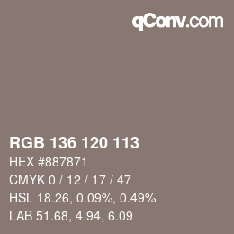 Color code: RGB 136 120 113 | qconv.com