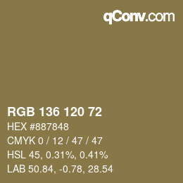 Color code: RGB 136 120 72 | qconv.com
