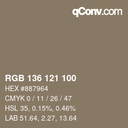 Color code: RGB 136 121 100 | qconv.com