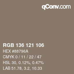 Color code: RGB 136 121 106 | qconv.com