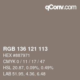 Color code: RGB 136 121 113 | qconv.com