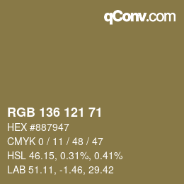 Color code: RGB 136 121 71 | qconv.com