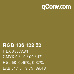 Color code: RGB 136 122 52 | qconv.com
