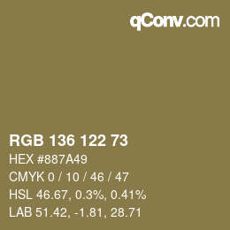 Color code: RGB 136 122 73 | qconv.com